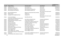 County Project Name Promoter Name Sub-Theme LEADER Grant Amount Kildare All Weather Pitch Clane United FC Rural Youth €148,366