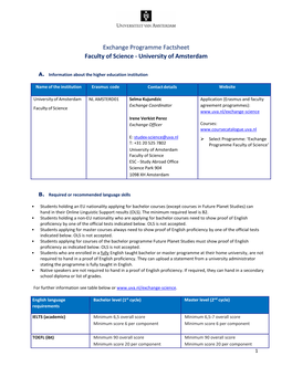 Exchange Programme Factsheet Faculty of Science - University of Amsterdam