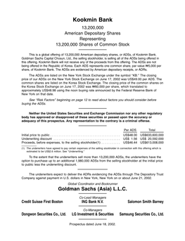 Kookmin Bank 13,200,000 American Depositary Shares Representing 13,200,000 Shares of Common Stock