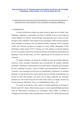 A Expansão Das Santas Casas No Recôncavo Baiano Durante O Oitocentos: Uma Política De Governo No Brasil Imperial