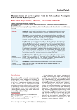 Characteristics of Cerebrospinal Fluid in Tuberculous Meningitis Patients with Hydrocephalus Astrid Tamara Maajid Budiman,1 Nida Suraya,2 Ahmad Faried,3 Ida Parwati2