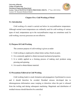 Chapter Five: Cold Working of Metal 5.1. Introduction Cold Working of A