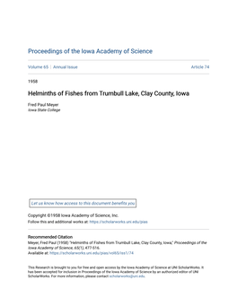 Helminths of Fishes from Trumbull Lake, Clay County, Iowa