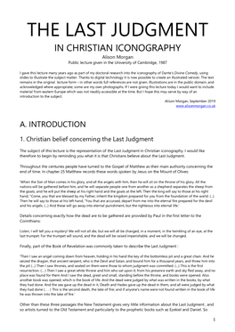 THE LAST JUDGMENT in CHRISTIAN ICONOGRAPHY Alison Morgan Public Lecture Given in the University of Cambridge, 1987