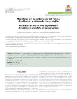 Mamíferos Del Departamento Del Tolima: Distribución Y Estado De Conservación Mammals of the Tolima Department: Distribution and State of Conservation