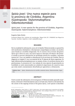 Spixia Josei: Una Nueva Especie Para La Provincia De Córdoba, Argentina (Gastropoda: Stylommatophora: Odontostomidae)