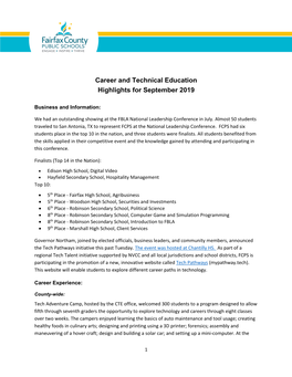 Career and Technical Education Highlights for September 2019