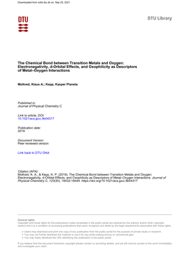 The Chemical Bond Between Transition Metals and Oxygen: Electronegativity, D-Orbital Effects, and Oxophilicity As Descriptors of Metal–Oxygen Interactions