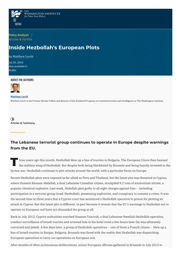 Inside Hezbollah's European Plots | the Washington Institute