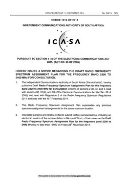 RADIO FREQUENCY SPECTRUM ASSIGNMENT PLAN for the FREQUENCY BAND 2300 to 2400 Mhz for CONSULTATION