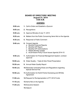 BOARD of DIRECTORS' MEETING August 21, 2014 9:00 A.M. AGENDA