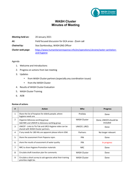 WASH Cluster Minutes of Meeting