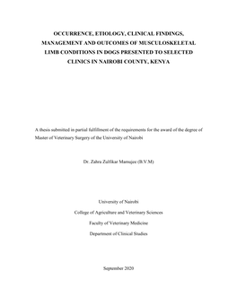 Occurrence, Etiology, Clinical Findings, Management and Outcomes of Musculoskeletal Limb Conditions in Dogs Presented to Selected Clinics in Nairobi County, Kenya