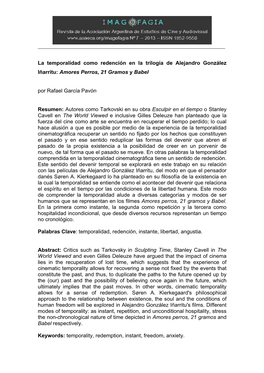 La Temporalidad Como Redención En La Trilogía De Alejandro González Iñarritu: Amores Perros, 21 Gramos Y Babel Por Rafael Ga