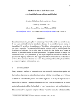 The Universality of Hadd Punishment with Special Reference to Piracy and Hirabah Hendun Abd Rahman Shah and Suraiya Osman Facul