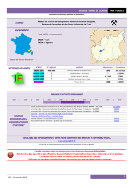 SIGONCE – MINES DE LIGNITES IRSP N°04206.1 Inventaire Des Réseaux Spéciaux Et Particuliers