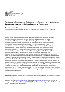 The Enamel Microstructure of Manidens Condorensis: New Hypotheses on the Ancestral State and Evolution of Enamel in Ornithischia