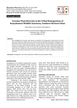 Vascular Plant Diversity in the Tribal Homegardens of Kanyakumari Wildlife Sanctuary, Southern Western Ghats