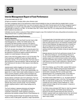 CIBC Asia Pacific Fund Interim Management Report of Fund