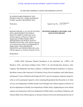 IN the IOWA DISTRICT COURT for JOHNSON COUNTY PLANNED PARENTHOOD of the HEARTLAND, INC.; EMMA GOLDMAN CLINIC; and JILL MEADOWS