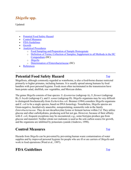 Shigella Spp. Potential Food Safety Hazard Control Measures FDA