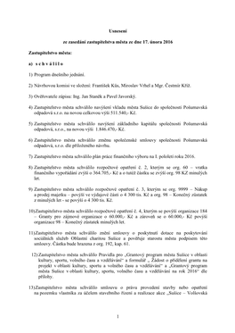 1 Usnesení Ze Zasedání Zastupitelstva Města Ze Dne 17. Února 2016 Zastupitelstvo Města