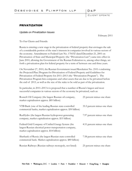 PRIVATIZATION Update on Privatization Issues February 2011