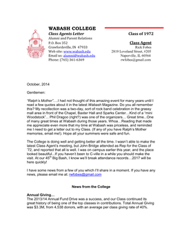 WABASH COLLEGE Class Agents Letter Class of 1972 Alumni and Parent Relations P.O