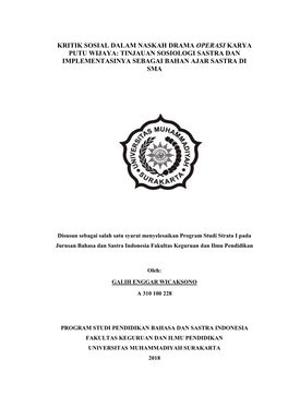 Kritik Sosial Dalam Naskah Drama Operasi Karya Putu Wijaya: Tinjauan Sosiologi Sastra Dan Implementasinya Sebagai Bahan Ajar Sastra Di Sma