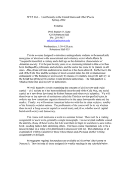 WWS 468 -- Civil Society in the United States and Other Places Spring, 2002