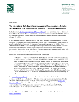 The International Code Council Strongly Supports the Nomination of Building Safety Advocate Peter Feldman to the Consumer Product Safety Commission