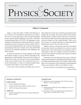 Physics Society a Publication of the Forum on Physics And& Society • a Forum of the American Physical Society