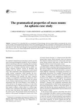 The Grammatical Properties of Mass Nouns] an Aphasia Case Study