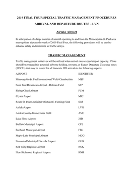 2019 FINAL FOUR SPECIAL TRAFFIC MANAGEMENT PROCEDURES ARRIVAL and DEPARTURE ROUTES – LVN Airlake Airport TRAFFIC MANAGEMENT