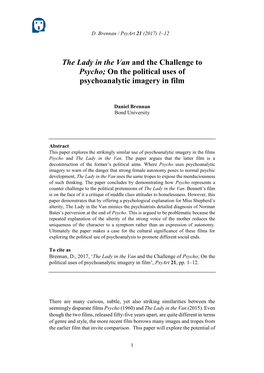 The Lady in the Van and the Challenge to Psycho; on the Political Uses of Psychoanalytic Imagery in Film