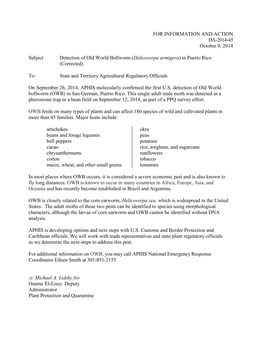 Detection of Old World Bollworm (Helicoverpa Armigera) in Puerto Rico (Corrected)