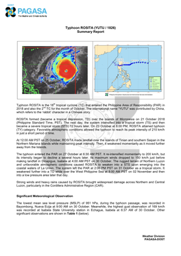 Typhoon ROSITA (YUTU / 1826) Summary Report