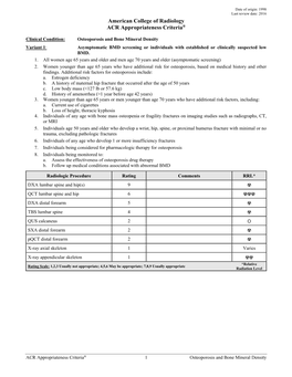 Osteoporosis and Bone Mineral Density Variant 1: Asymptomatic BMD Screening Or Individuals with Established Or Clinically Suspected Low BMD