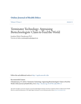 Terminator Technology: Appraising Biotechnologists’ Claim to Feed the World Jonathan Okeke Chimakonam Ph.D