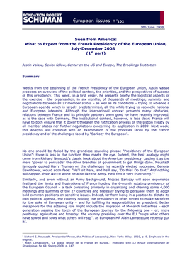 What to Expect from the French Presidency of the European Union, July-December 2008 (1St Part)