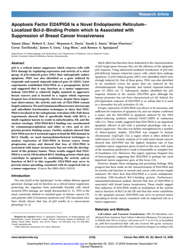 Apoptosis Factor EI24/PIG8 Is a Novel Endoplasmic Reticulum– Localized Bcl-2–Binding Protein Which Is Associated with Suppression of Breast Cancer Invasiveness