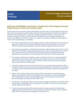 Initial Findings Council Estate Renewal in C21st London