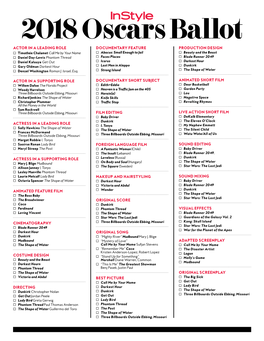 2018 Oscars Ballot