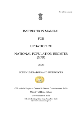 Instruction Manual for Updation of National Population Register (Npr) 2020