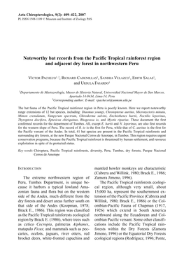 Noteworthy Bat Records from the Pacific Tropical Rainforest Region and Adjacent Dry Forest in Northwestern Peru