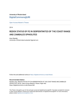 Redox Status of Fe in Serpentinites of the Coast Range and Zambales Ophiolites