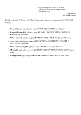 Załączniki Do Postanowienia Nr 88/2019 Komisarza Wyborczego W Białymstoku II Z Dnia 6 Maja 2019 R