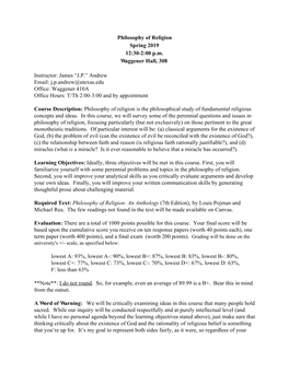 Philosophy of Religion Spring 2019 12:30-2:00 Pm Waggener Hall, 308