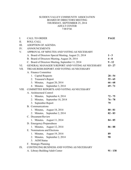 Sudden Valley Communtiy Association Board of Directors Meeting Thursday, September 25, 2014 Adult Center 7:00 P.M