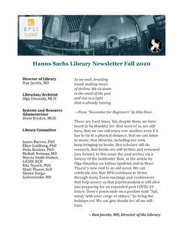 Hanns Sachs Library Newsletter Fall 2020